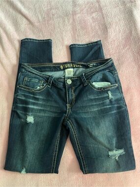 Hydraulic Bailey Dark Wash Distressed Embroidered Low Rise Skinny Jeans 11/12